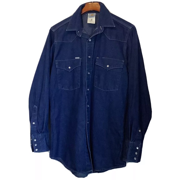 Vtg Carhartt Shirt Mens 15.5x34 Blue Denim Pearl Snap Western Cowboy USA Made - Picture 9 of 9